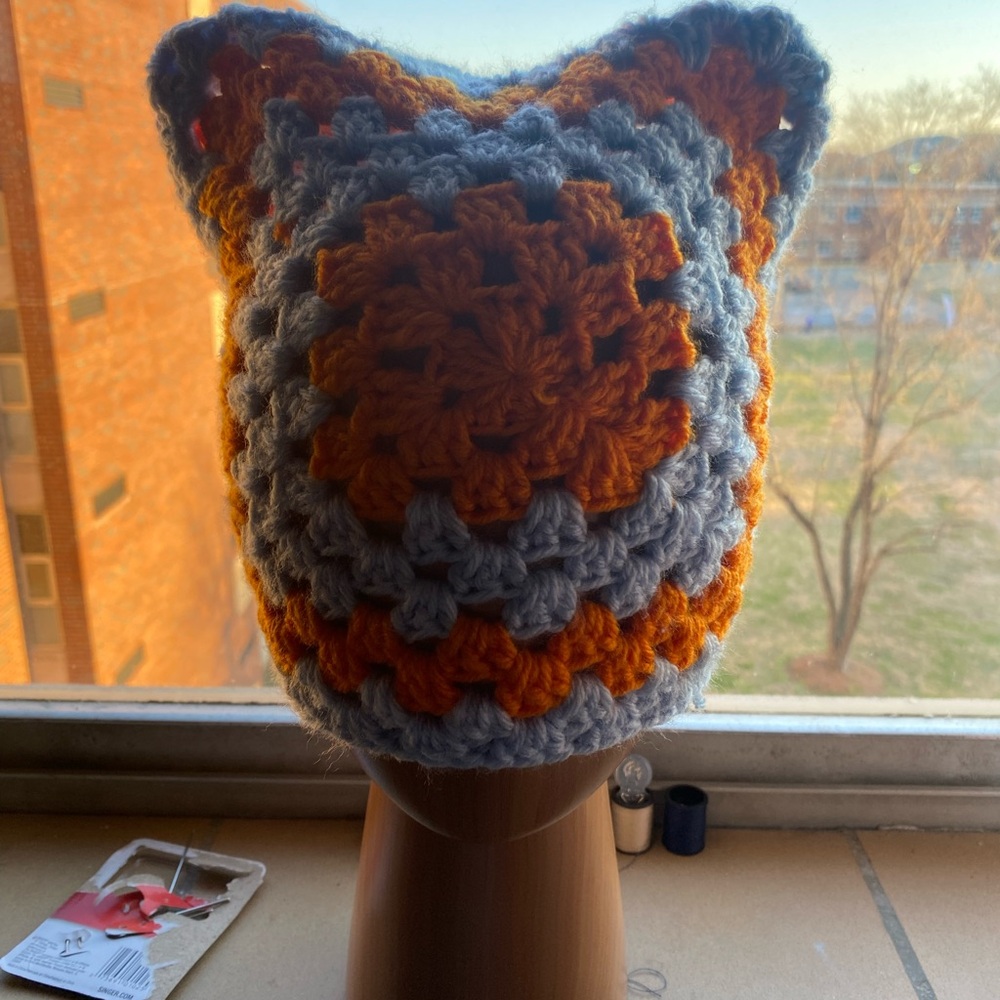 Hand Crafted Orange and Gray Cat-Ear Beanie